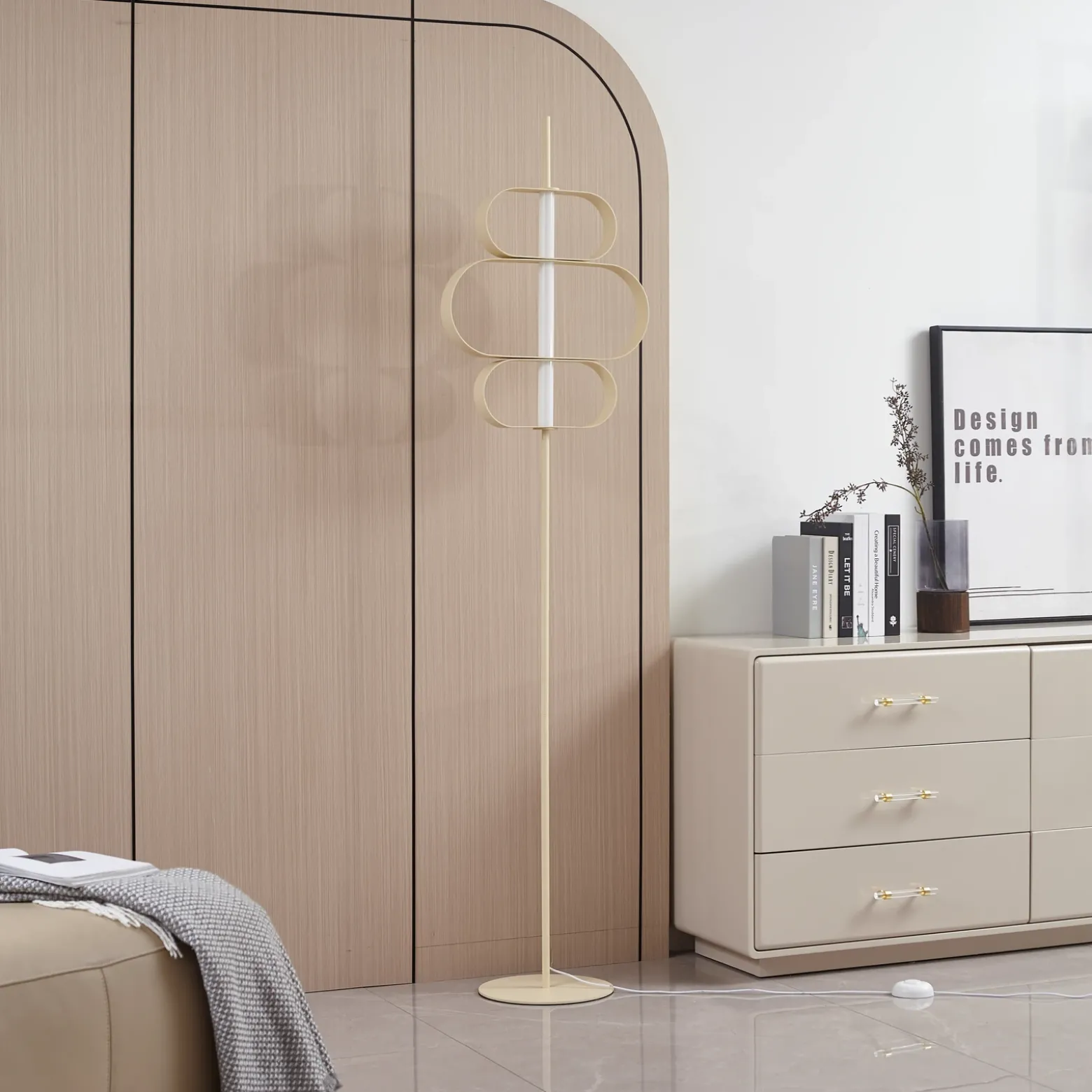 Lucande Lámpara de pie LED Audrina, beige, metal, atenuable