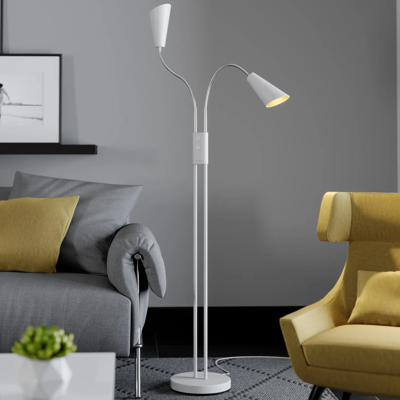 Lucande Lámpara de pie Medira, blanca, 2 luces, ajustable, GU10