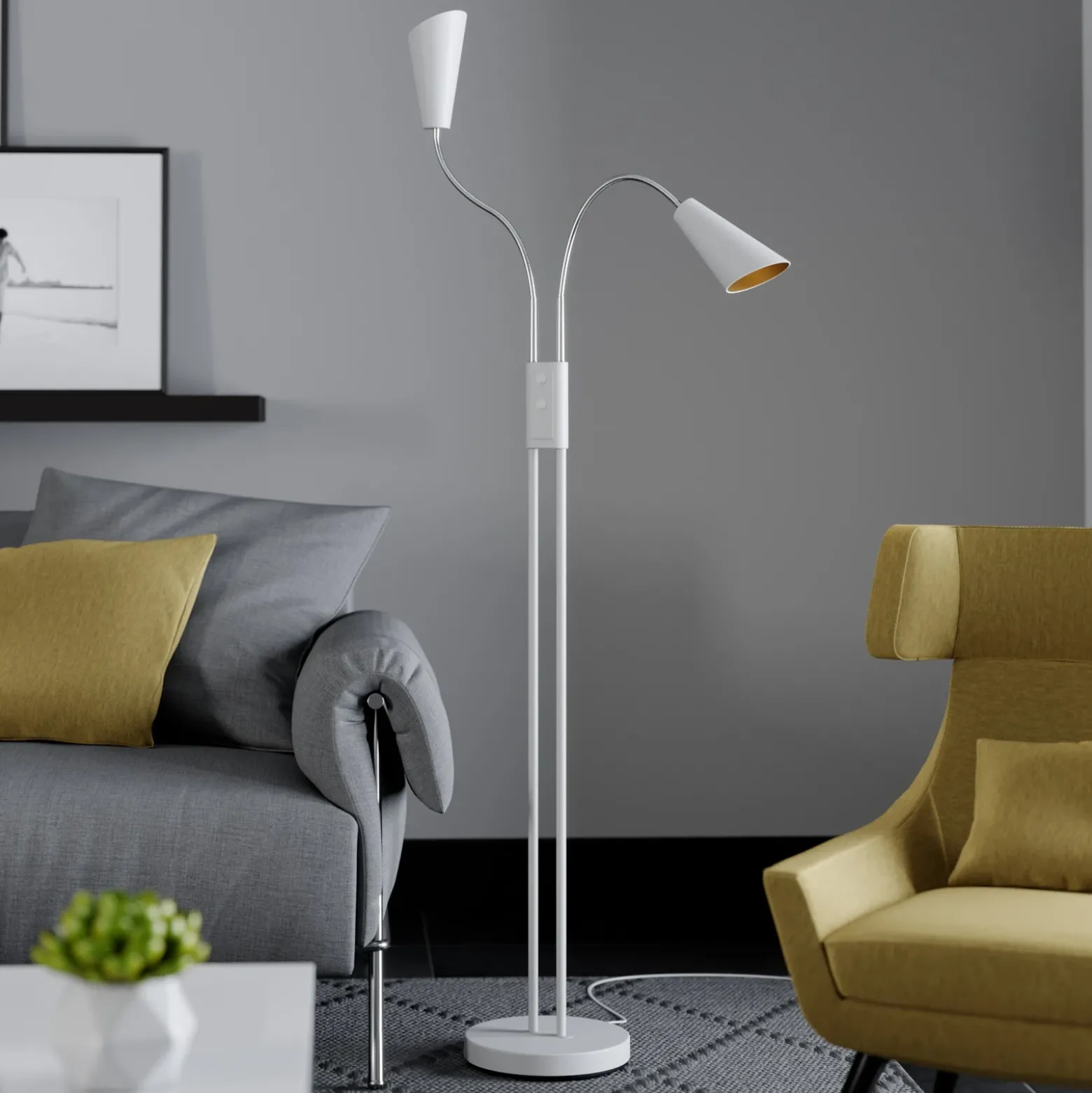 Lucande Lámpara de pie Medira, blanca, 2 luces, ajustable, GU10