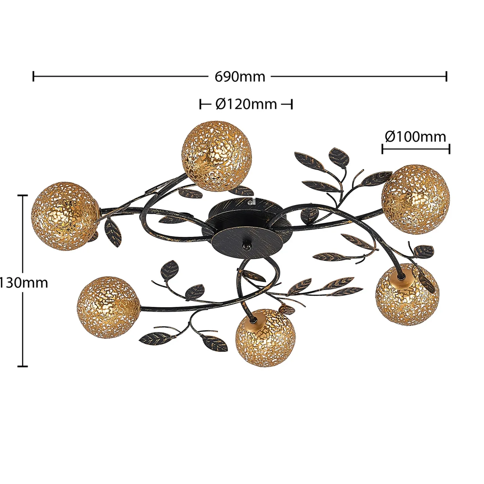 Lucande lámpara de techo Evory, Ø 69 cm, 6 luces, negro/oro, G9