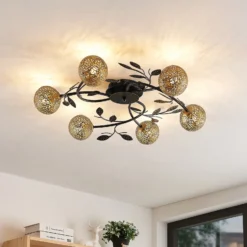 Lucande lámpara de techo Evory, Ø 69 cm, 6 luces, negro/oro, G9