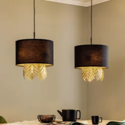 Lucande Malviras lámpara colgante de tela, decoración de hojas 2 luces.