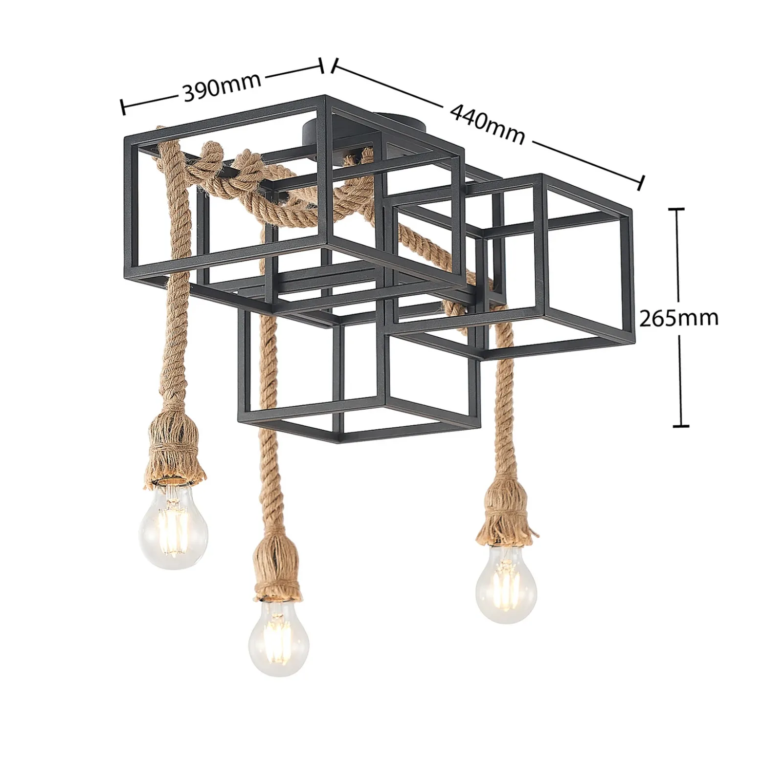 Lucande plafón Andrik, 44 cm, 3 luces, cuerda de cáñamo, metal