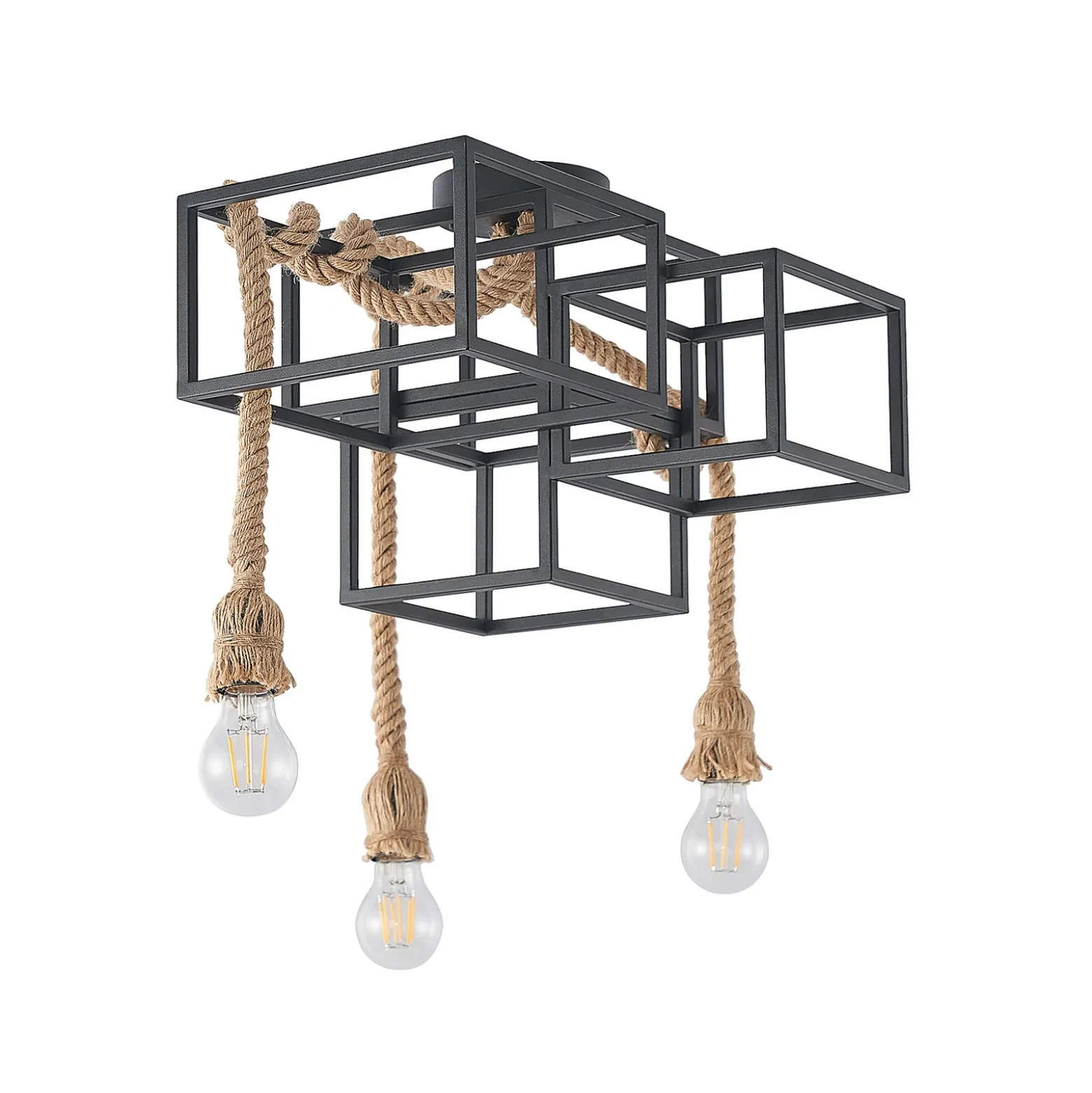 Lucande plafón Andrik, 44 cm, 3 luces, cuerda de cáñamo, metal