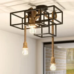 Lucande plafón Andrik, 44 cm, 3 luces, cuerda de cáñamo, metal