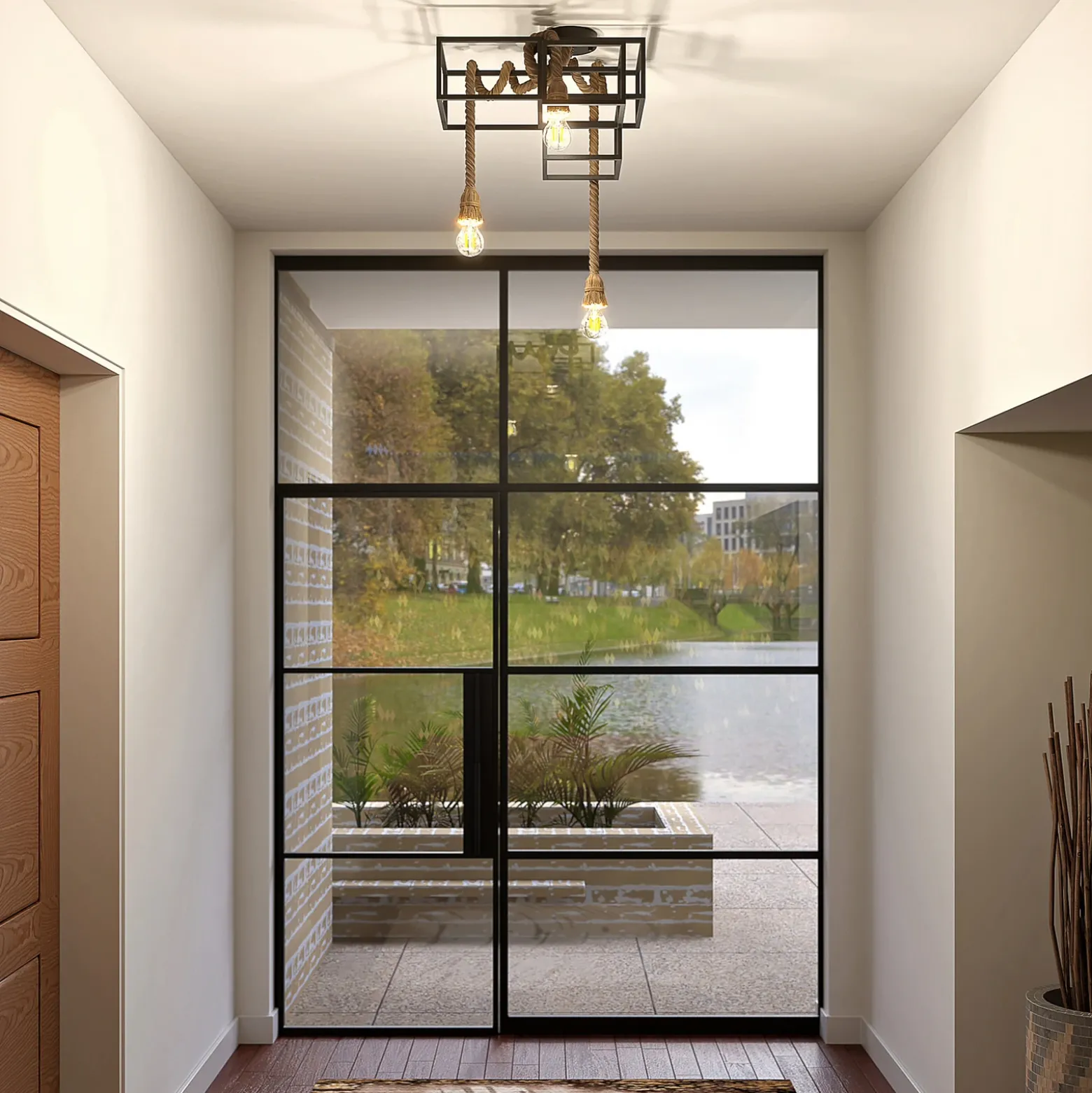 Lucande plafón Andrik, 44 cm, 3 luces, cuerda de cáñamo, metal