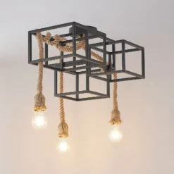 Lucande plafón Andrik, 44 cm, 3 luces, cuerda de cáñamo, metal