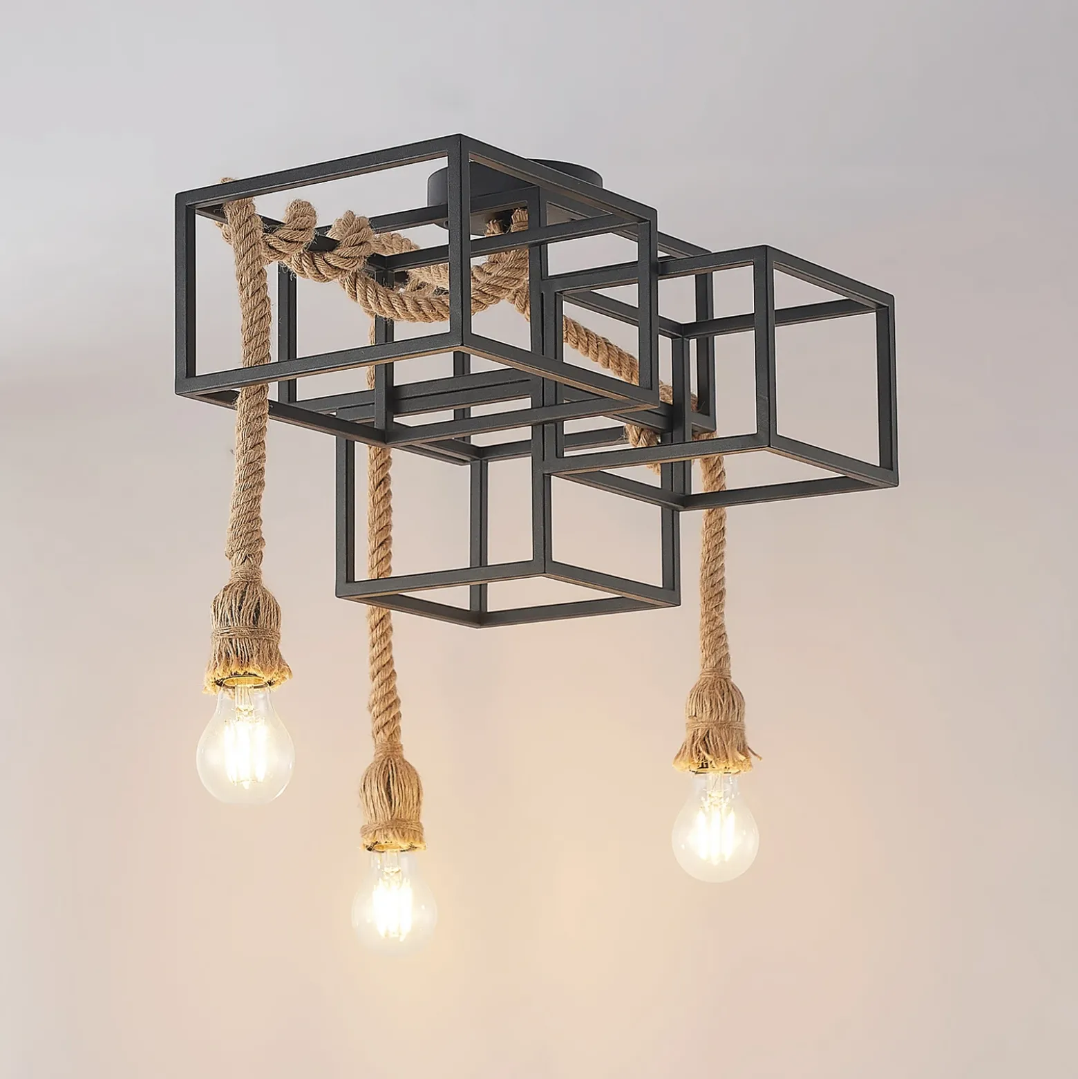 Lucande plafón Andrik, 44 cm, 3 luces, cuerda de cáñamo, metal
