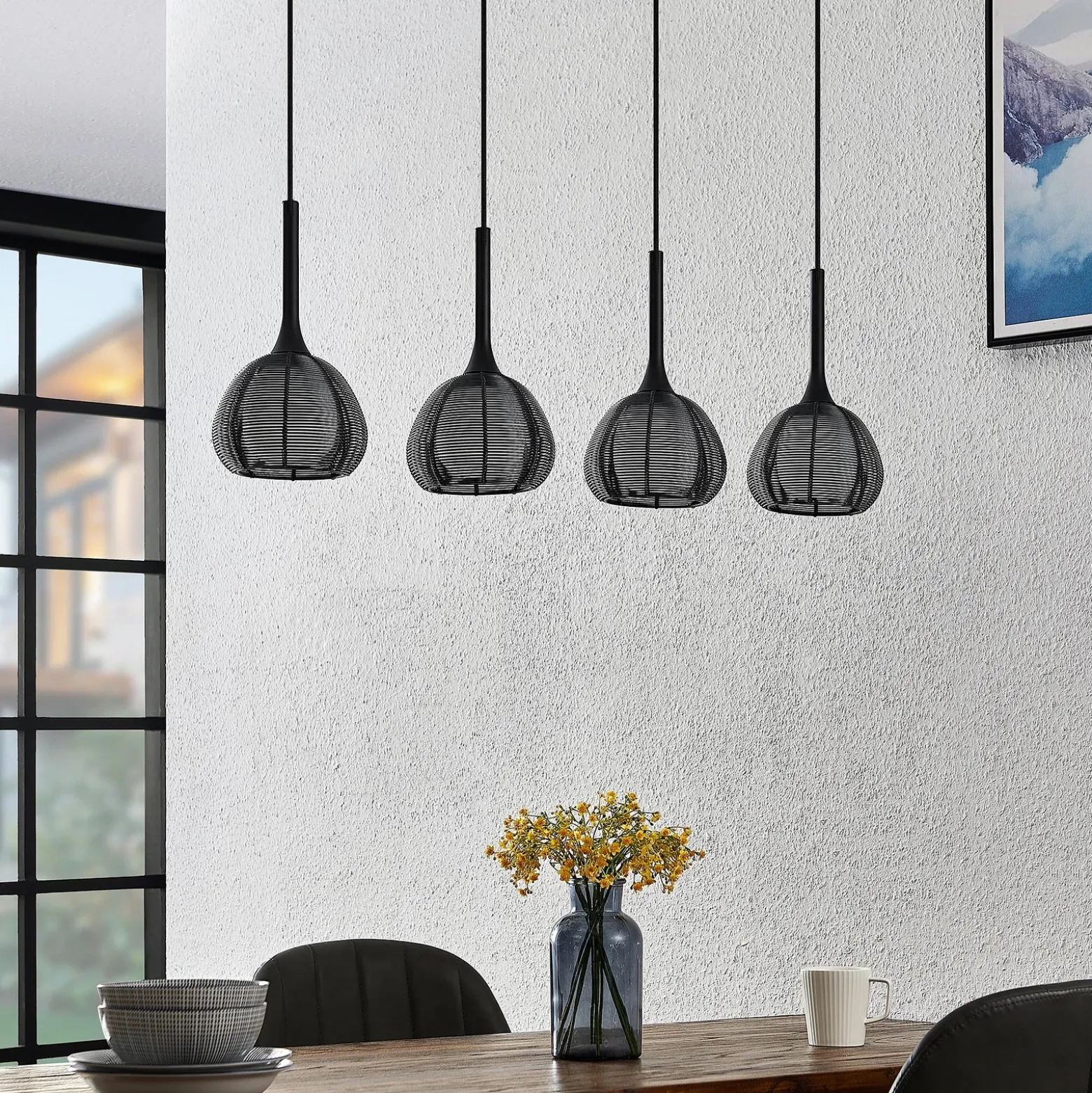 Lucande Tetira colgante, 4 luces, largo, negro
