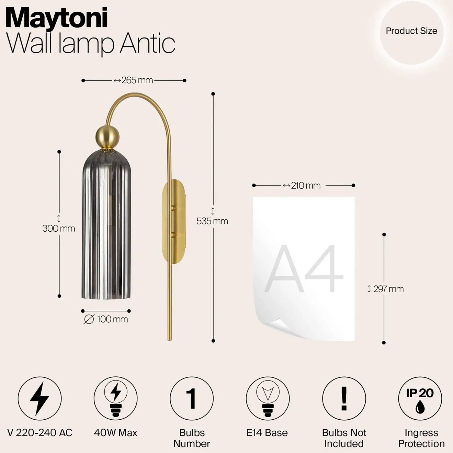 Maytoni Antic aplique, pantalla de vidrio en gris
