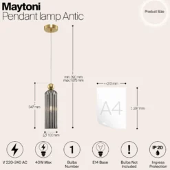 Maytoni Antic colgante, pantalla de vidrio en gris