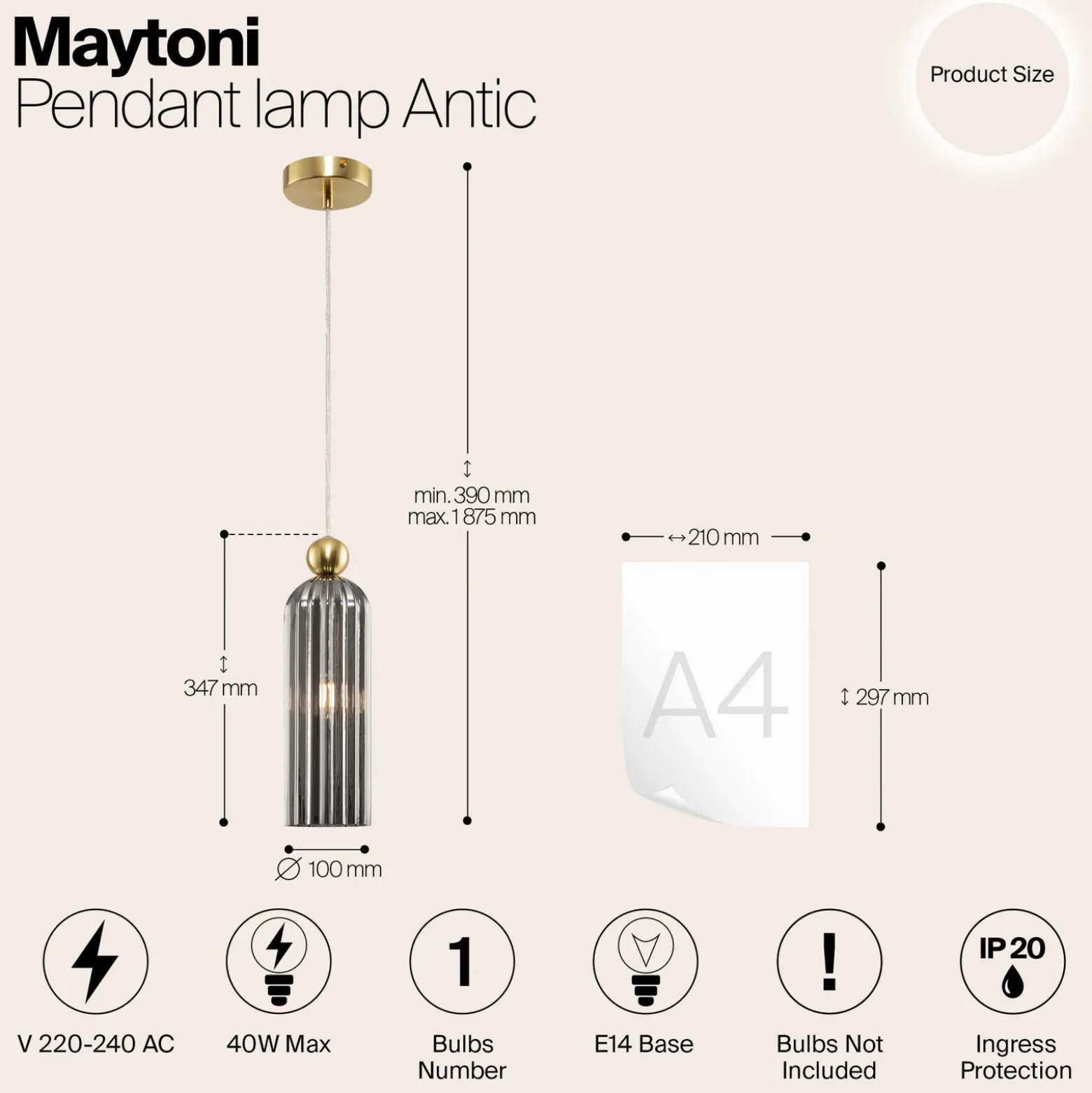 Maytoni Antic colgante, pantalla de vidrio en gris