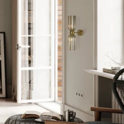 Maytoni aplique de pared Antic, 2 luces, dorado/ámbar, cristal