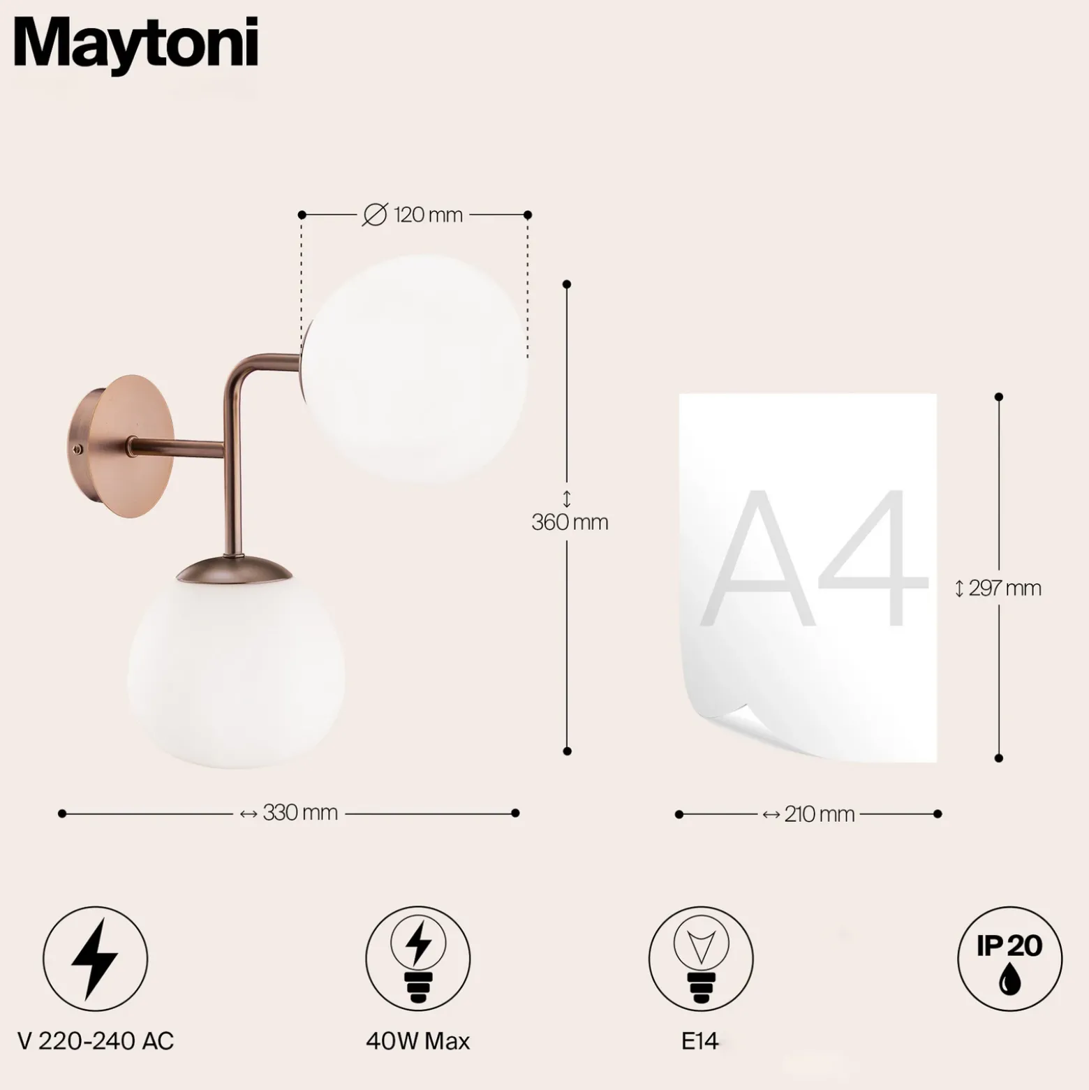 Maytoni aplique de pared Erich, latón rosado, vidrio/metal, 2 luces