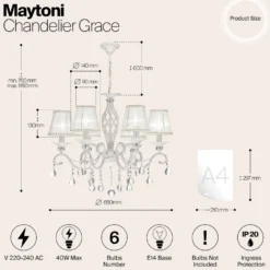 Maytoni Grace lámpara de araña, blanca, 6 luces, organza, E14