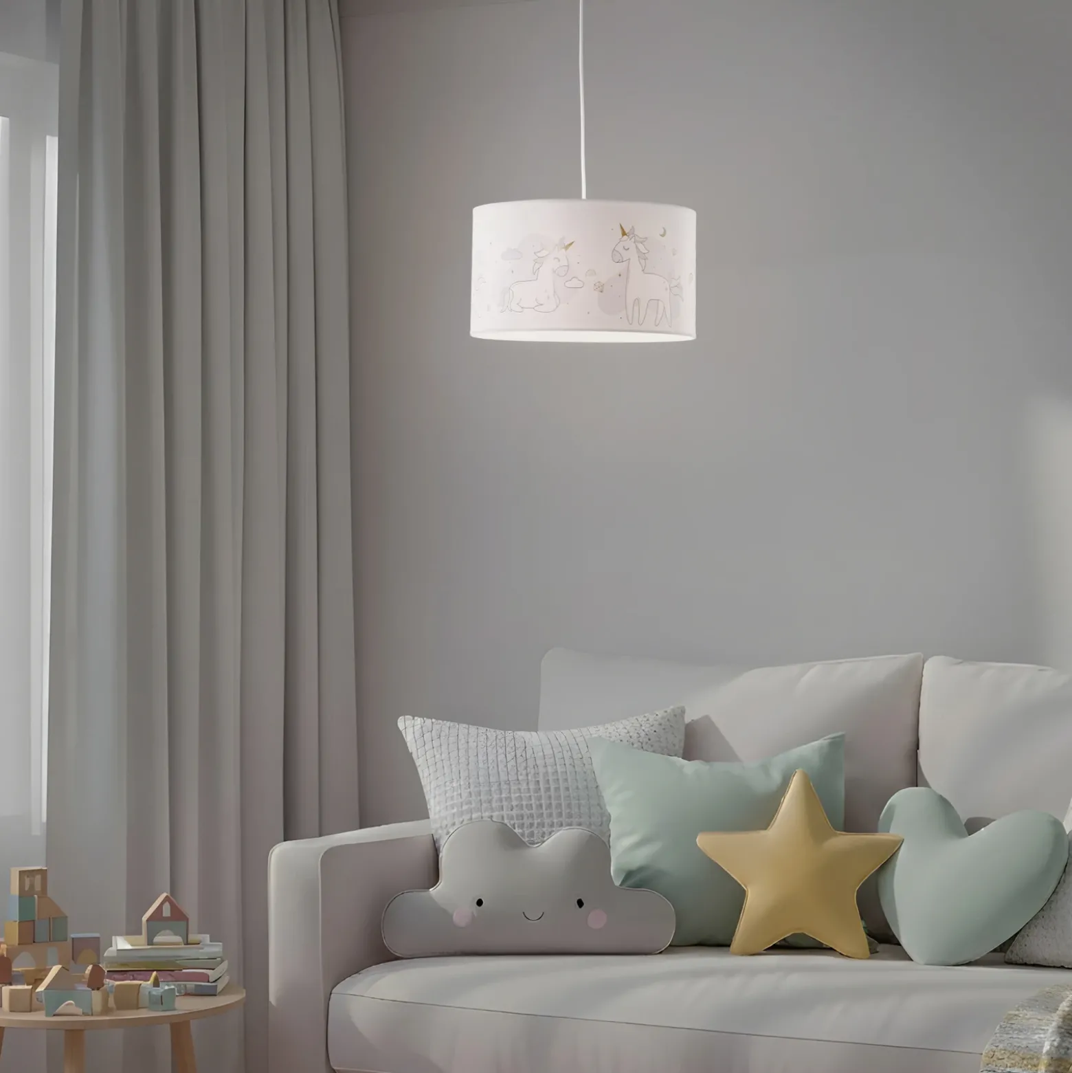 Mila lámpara colgante, Ø 35 cm, blanco, tela, unicornios, E27