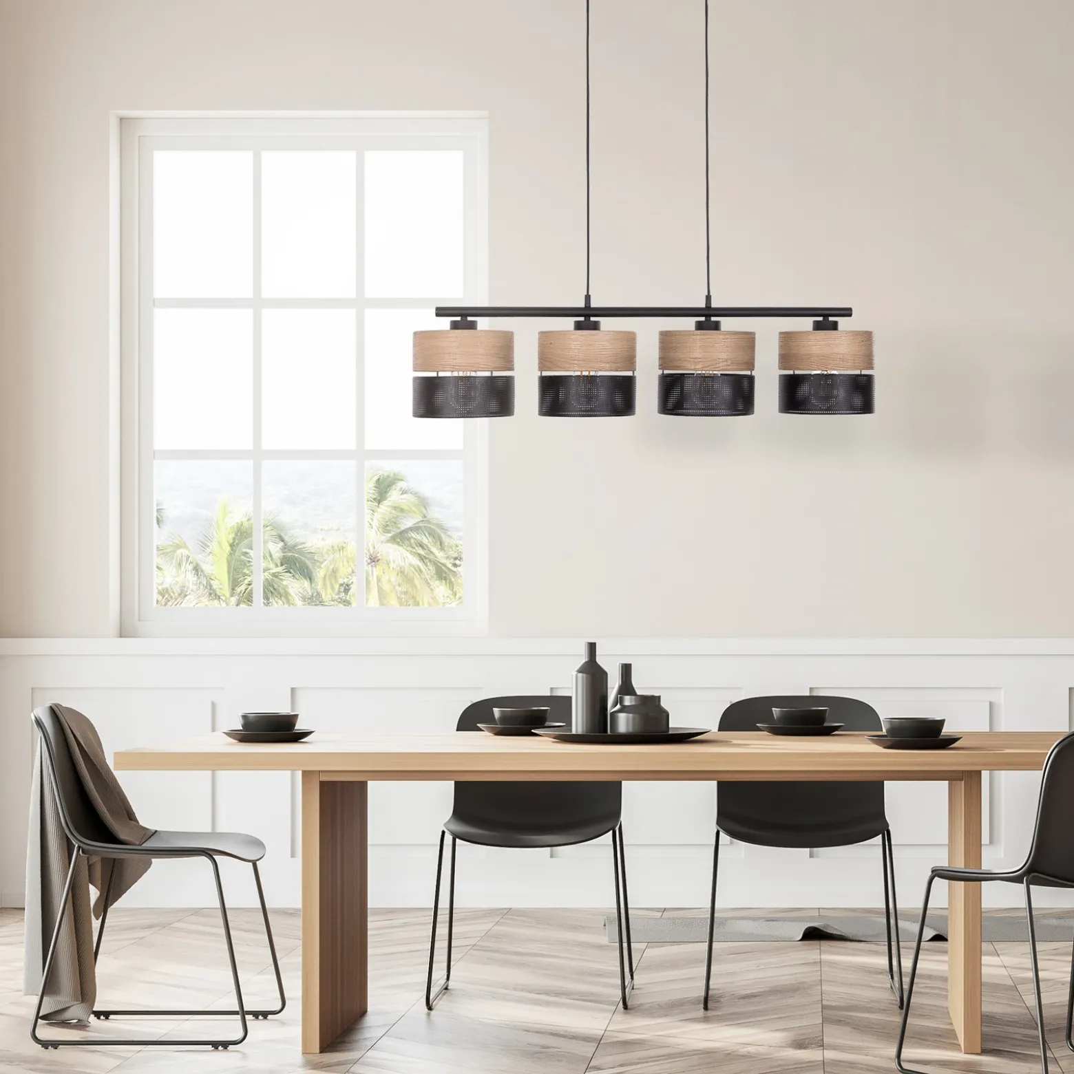 Nicol lámpara colgante, negro/efecto madera, 94x20 cm 4 luces 4 x E27
