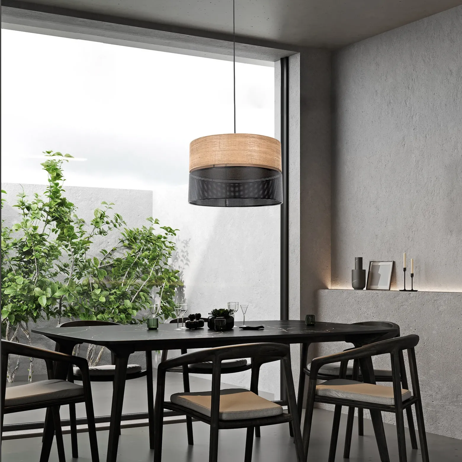 Nicol lámpara colgante, negro/efecto madera, Ø 50 cm, 1 luz, 3 x E27