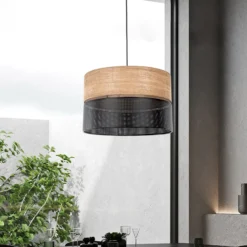 Nicol lámpara colgante, negro/efecto madera, Ø 50 cm, 1 luz, 3 x E27