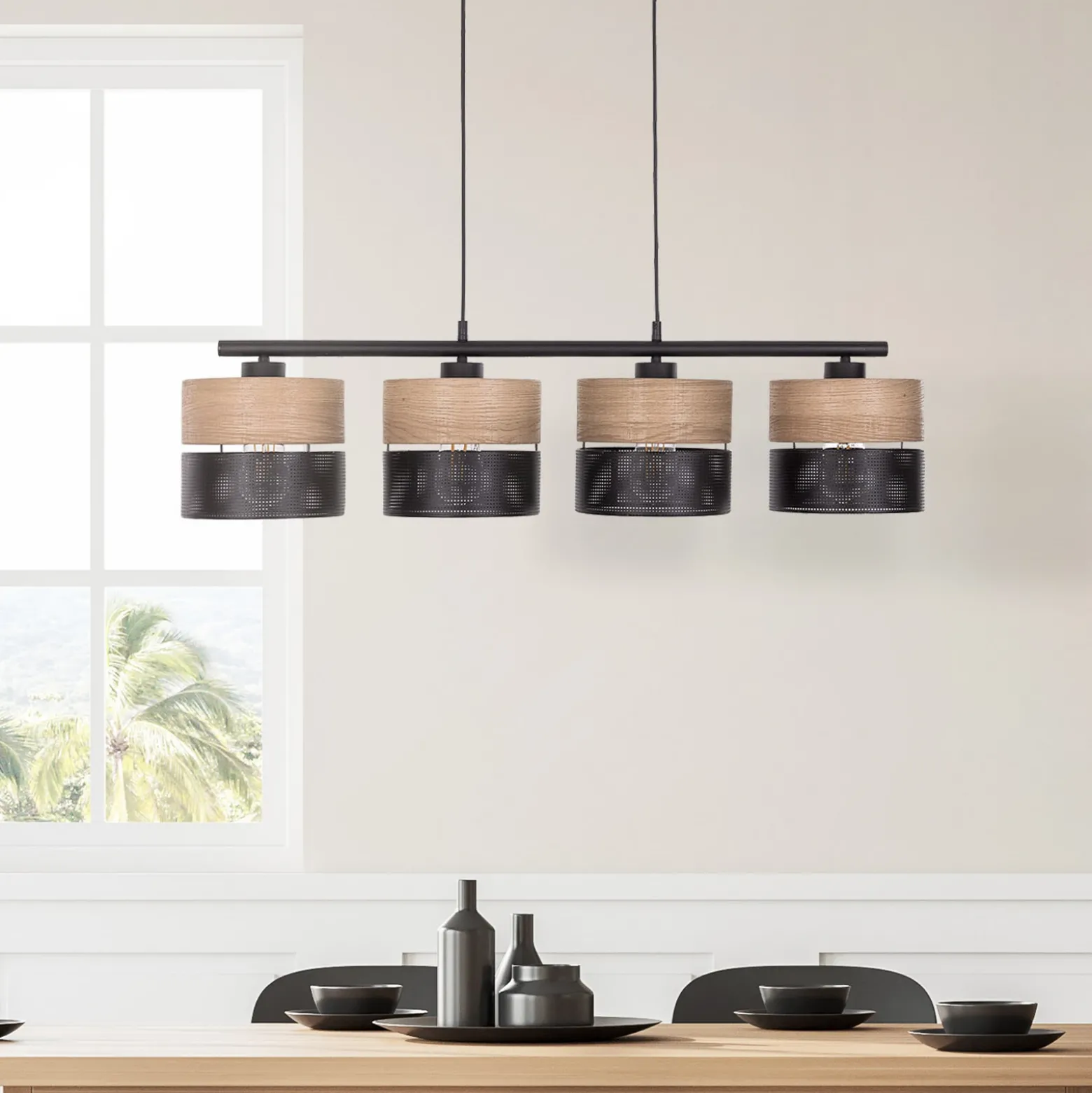 Nicol lámpara colgante, negro/efecto madera, 94x20 cm 4 luces 4 x E27