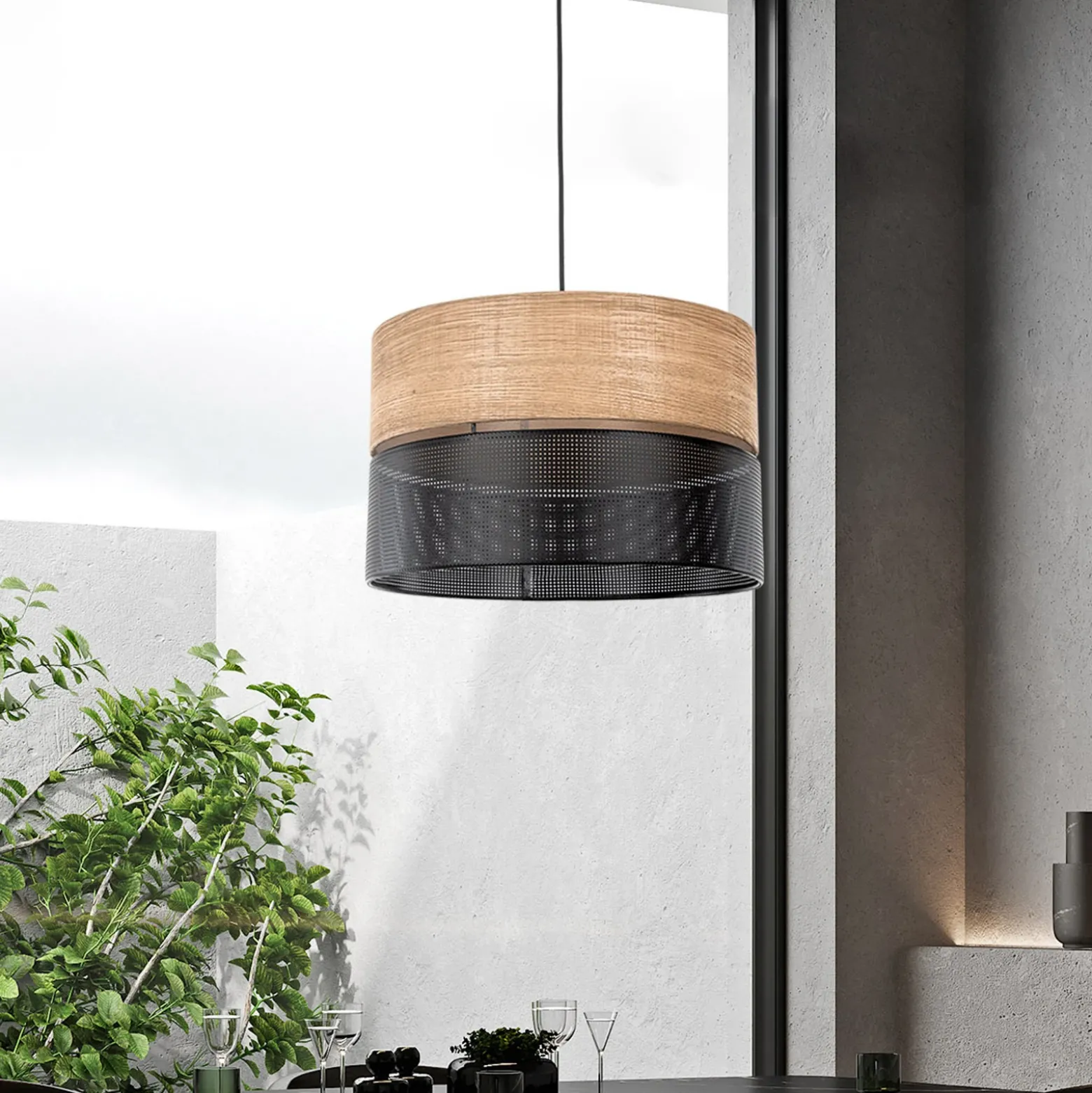 Nicol lámpara colgante, negro/efecto madera, Ø 50 cm, 1 luz, 3 x E27