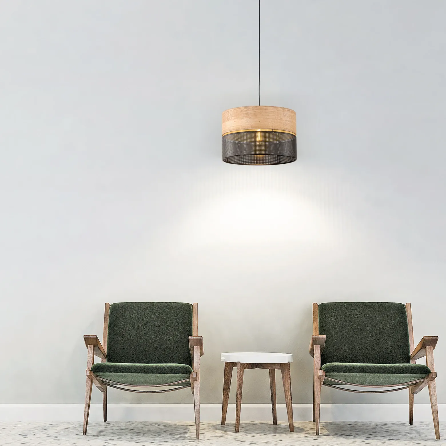 Nicol lámpara colgante, negro/efecto madera, Ø 38 cm, 1 luz, 1 x E27