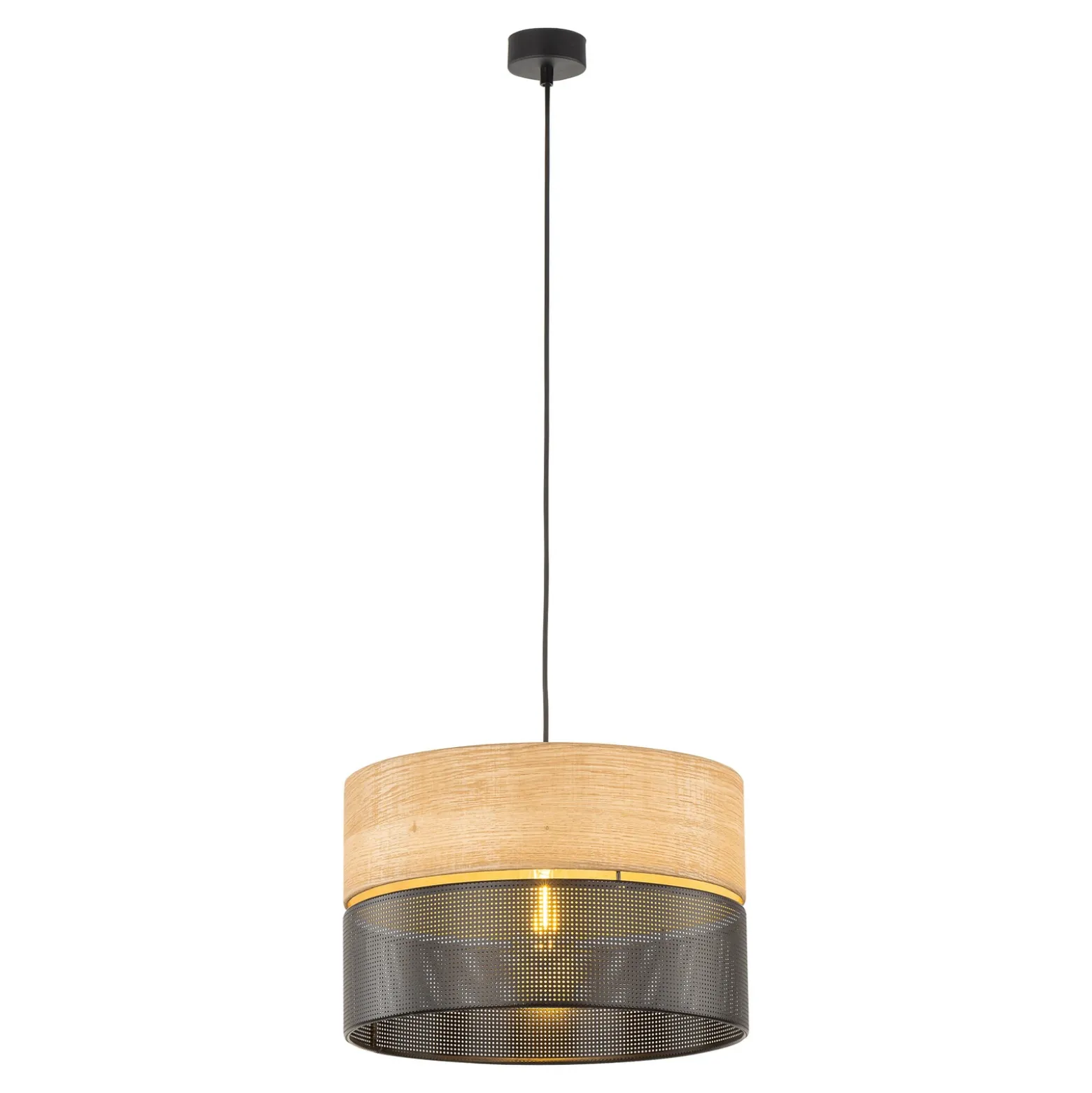 Nicol lámpara colgante, negro/efecto madera, Ø 38 cm, 1 luz, 1 x E27