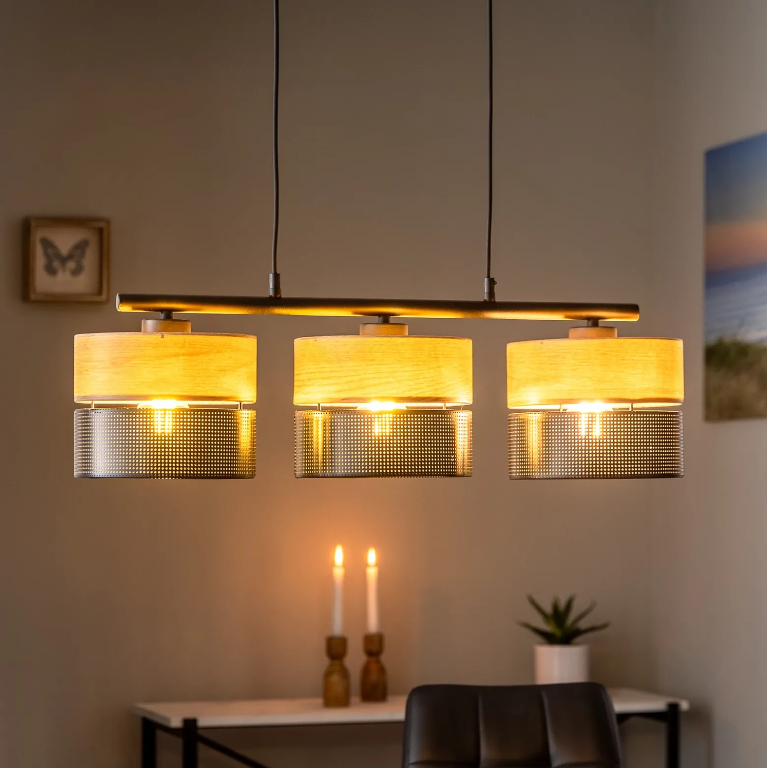 Nicol lámpara colgante, negro/efecto madera, 70x20 cm 3 luces 3 x E27
