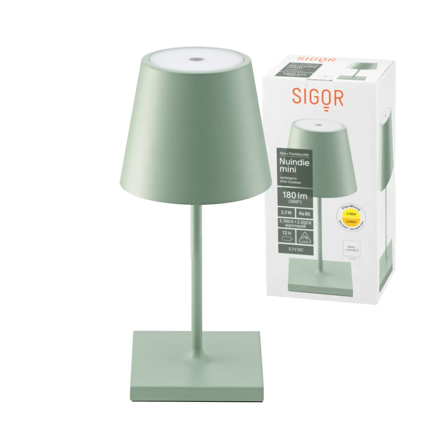 Nuindie mini LED lámpara de mesa recargable, USB-C, verde salvia, atenuable