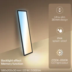 Panel LED Shallow Remote CCT, 58 x 20 cm, negro, retroiluminación