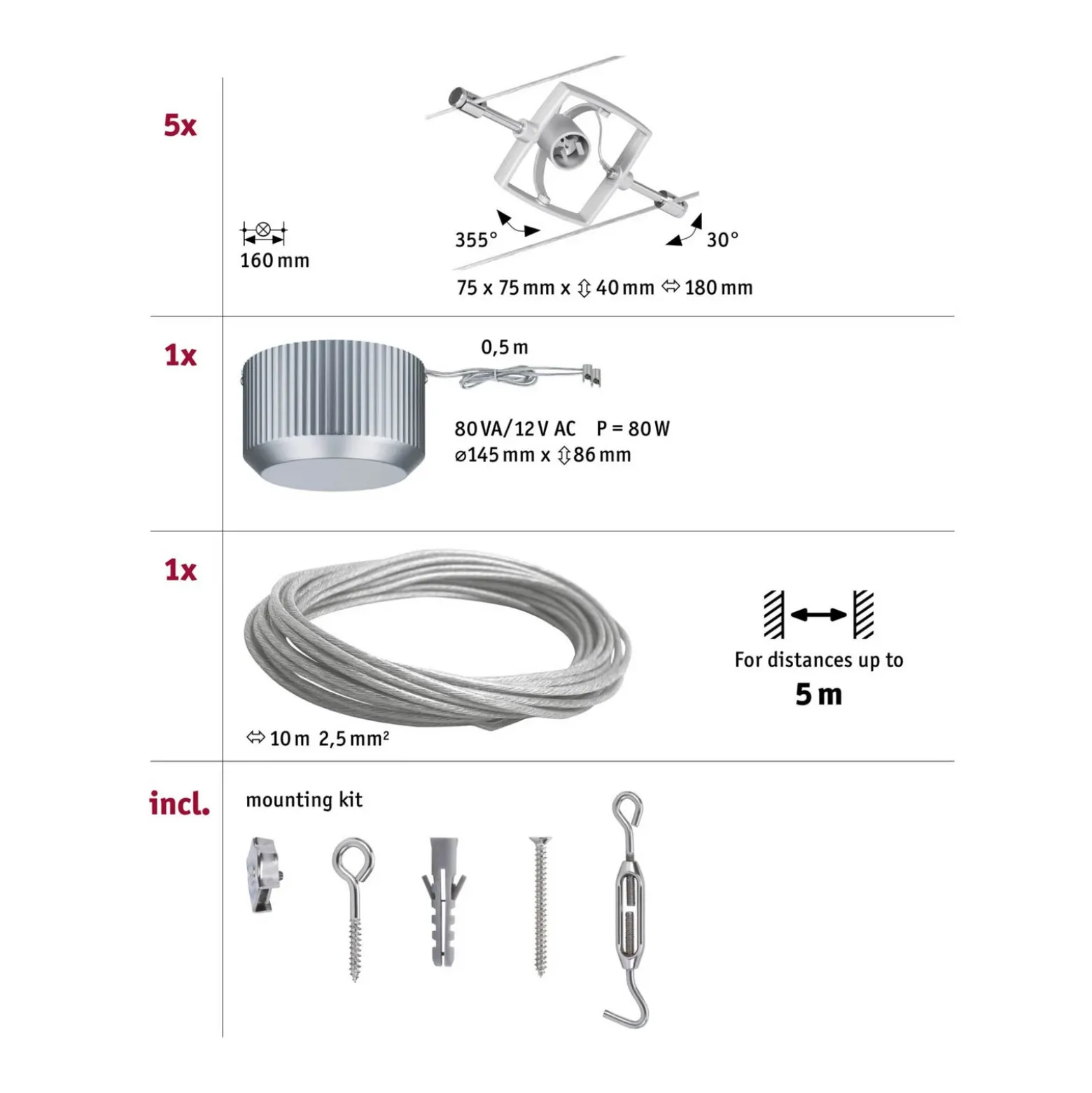 Paulmann Mac II ilumi. sobre cable cromo mate 5 f.