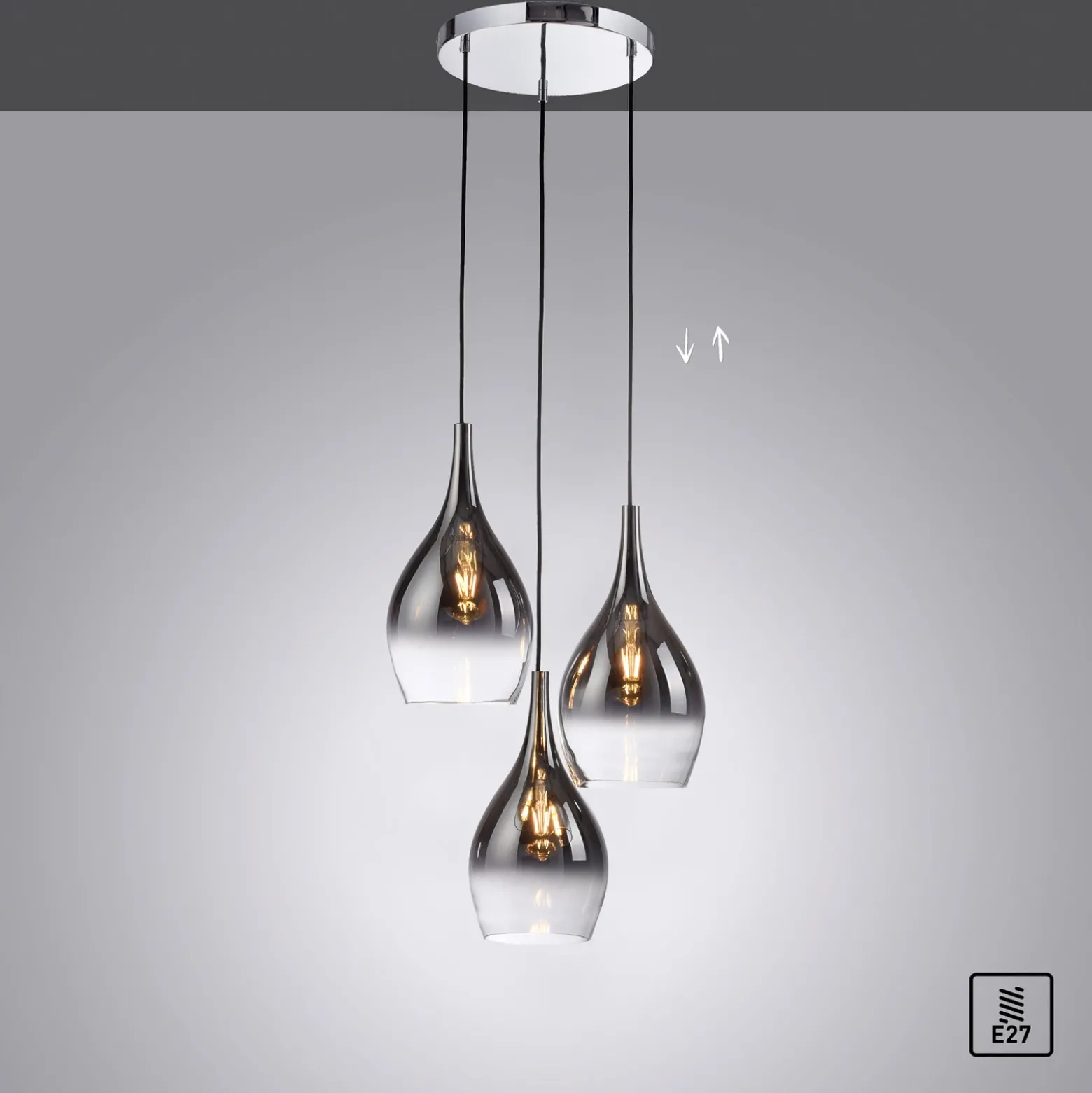 Paul Neuhaus lámpara colgante Pilua, gris humo, cristal, 30cm, 3 luces.