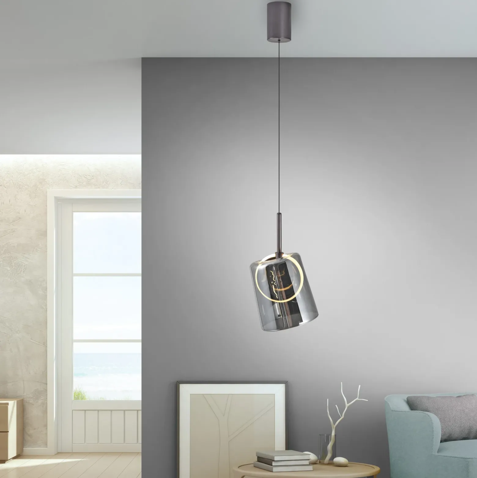 Paul Neuhaus lámpara colgante LED Zula, gris humo, Ø 15 cm, cristal