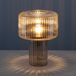 Paul Neuhaus Lámpara de mesa Fungus, ámbar, cristal, 34 cm