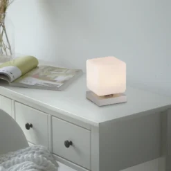 Paul Neuhaus Lámpara de mesa LED Dadoa, acero, cristal, atenuable