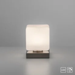 Paul Neuhaus Lámpara de mesa LED Dadoa, acero, cristal, atenuable