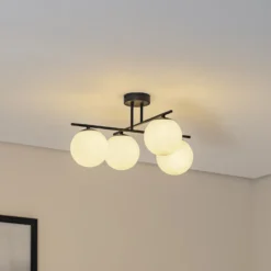 Plafón Aurora, negro, Ø 50 cm, 4 luces, cristal, E14