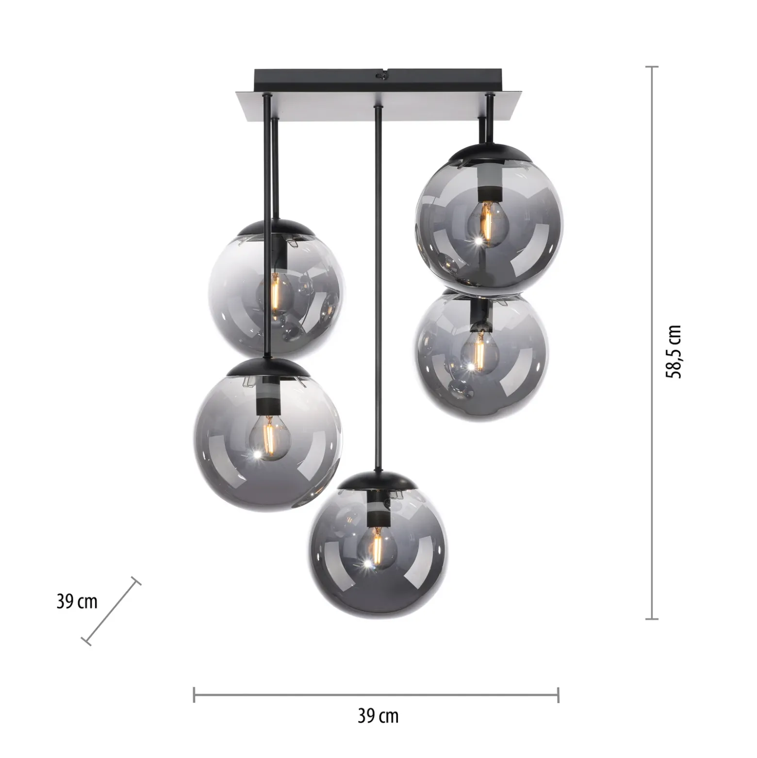 Plafón Big Widow, globos de cristal, 5 luces
