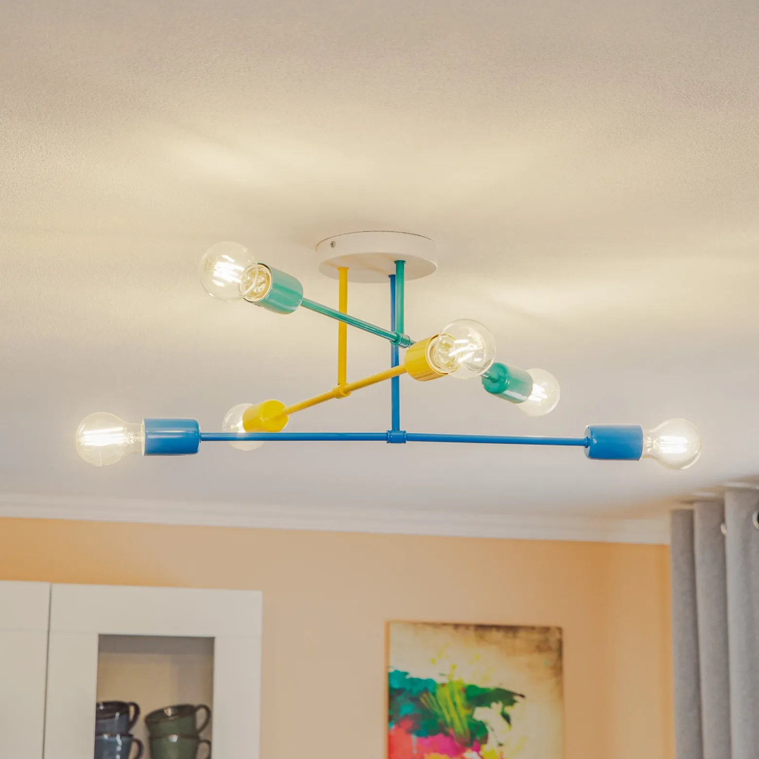 Plafón Cambridge, 6 luces amarillo-turquesa-azul