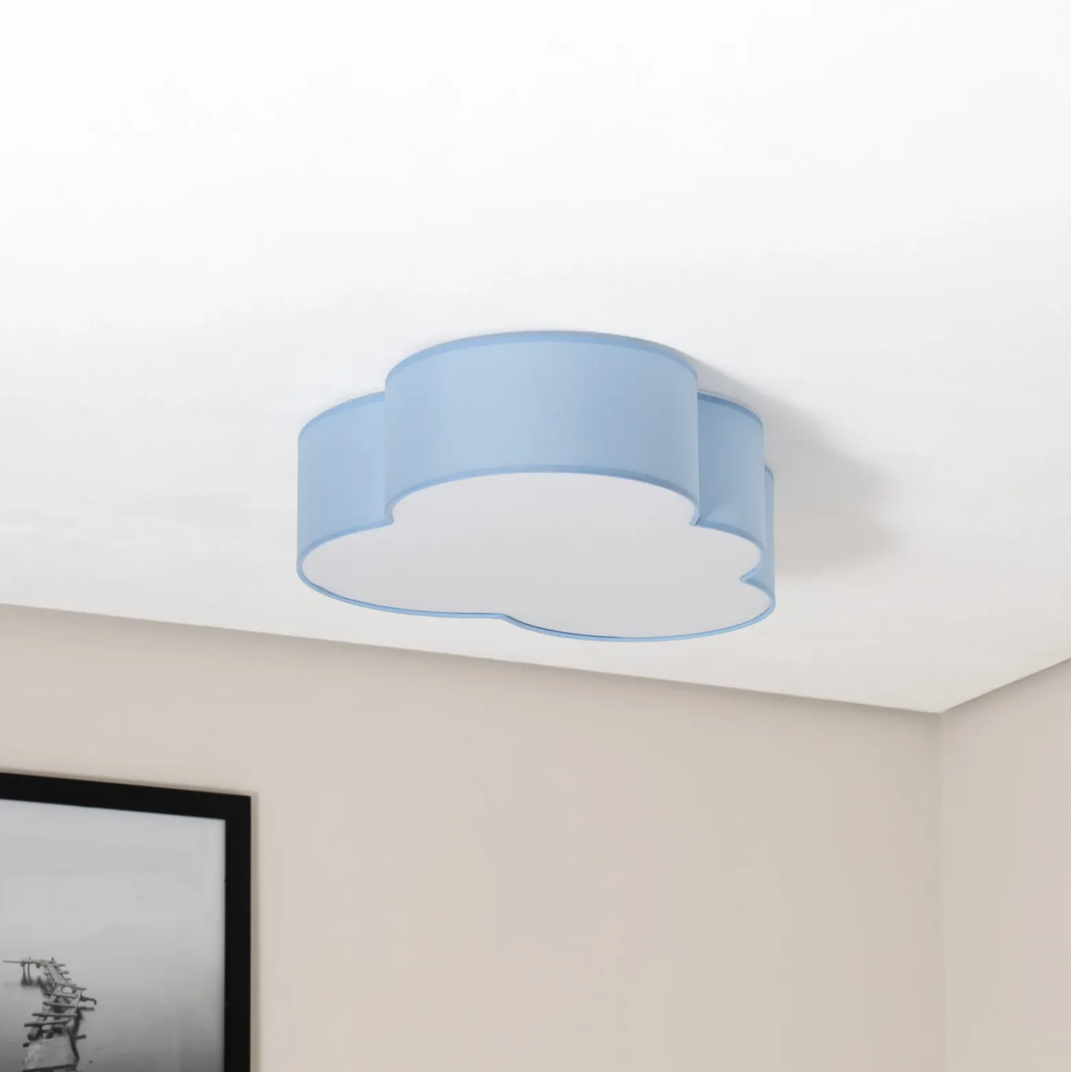 Plafón Cloud, azul, 63 cm de largo, textil, nube, E27