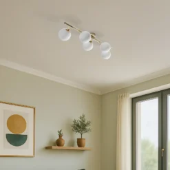 Plafón Drum, color dorado, cristal, longitud 80 cm, 5 luces