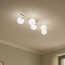 Plafón Drum, color dorado, cristal, longitud 80 cm, 5 luces