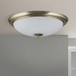 Plafón Empire, Ø 48 cm, latón envejecido, cristal opal mate