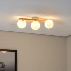 Plafón Estera, cristal opal, madera, 3 luces