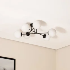 Plafón Glassy, 6 luces, negro/ópalo