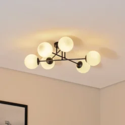 Plafón Glassy, 6 luces, negro/ópalo