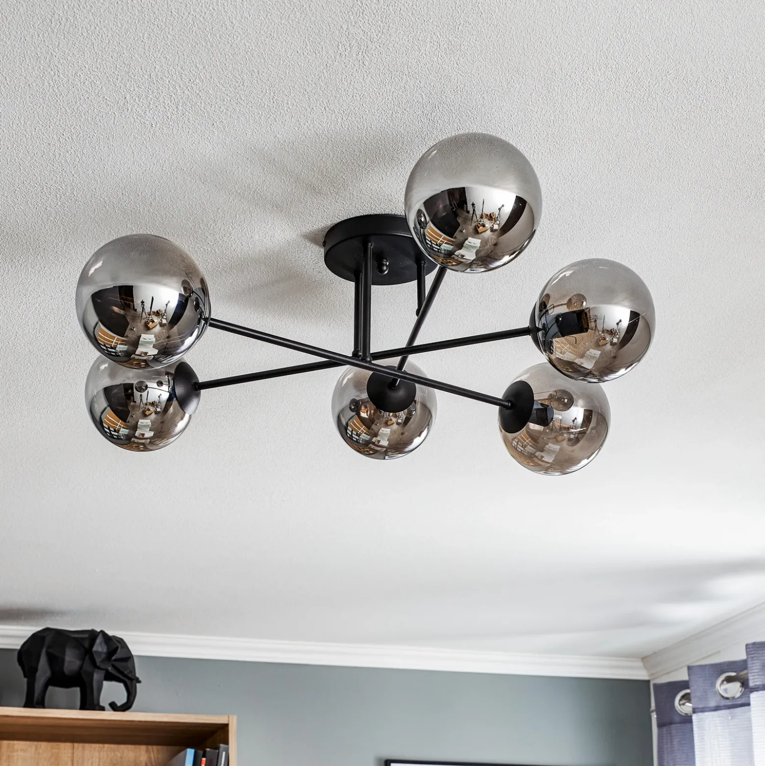 Plafón Glassy, negro, grafito, cristal, 6 luces, E14