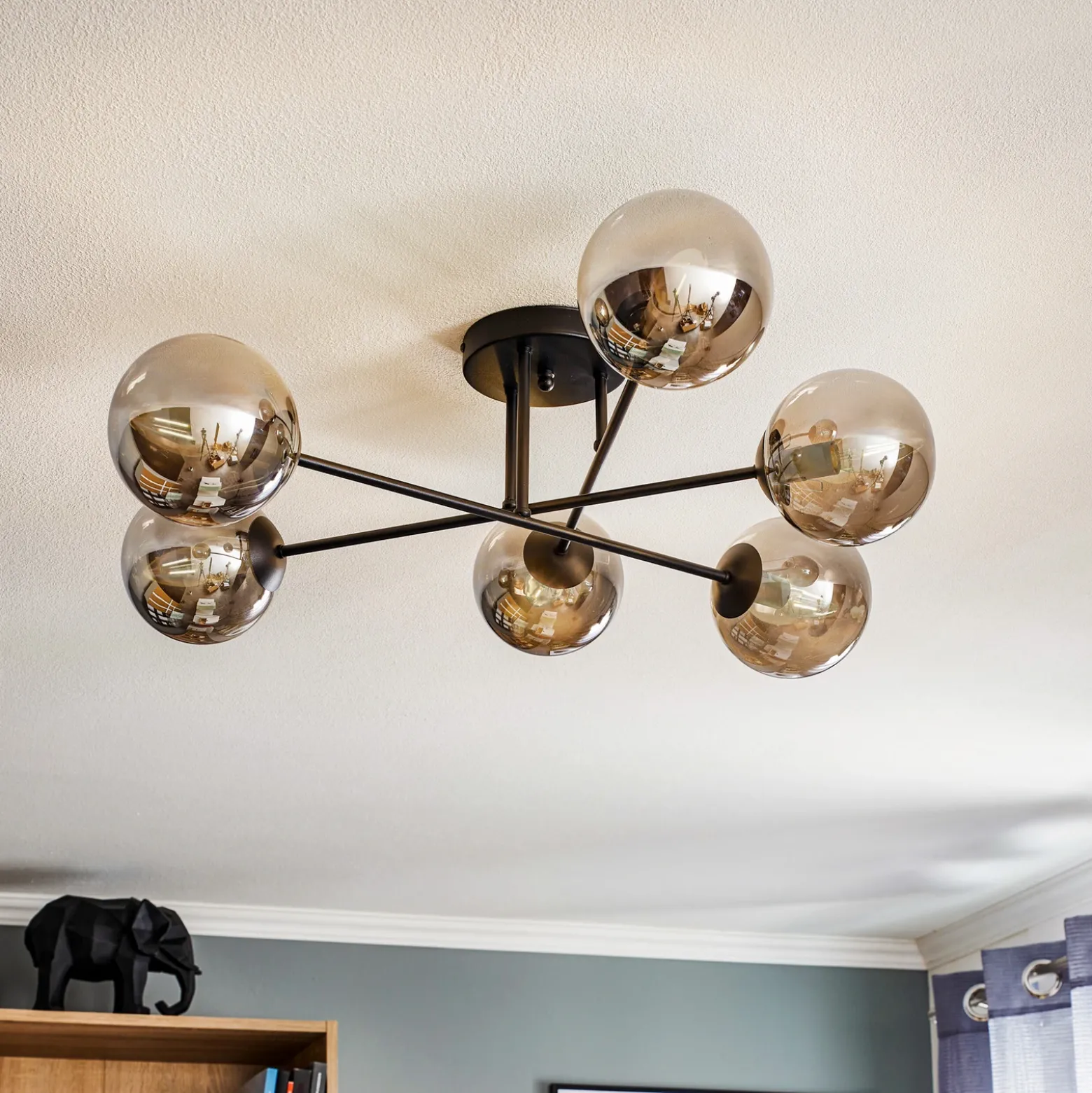 Plafón Glassy, negro, grafito, cristal, 6 luces, E14