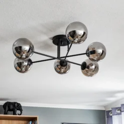Plafón Glassy, negro, grafito, cristal, 6 luces, E14