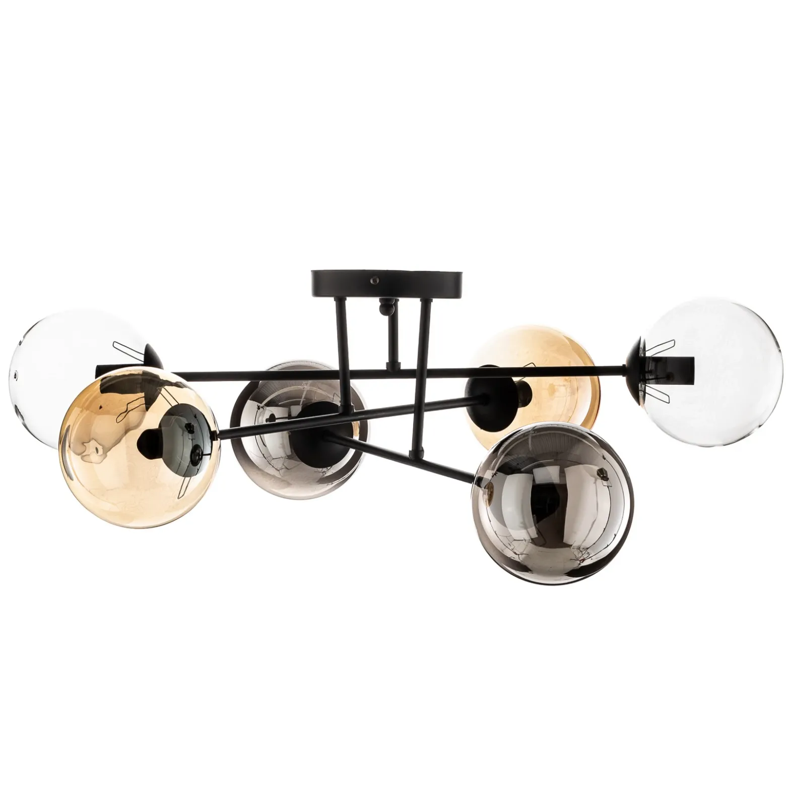 Plafón Glassy, negro, grafito/ámbar/transparente, 6 luces.